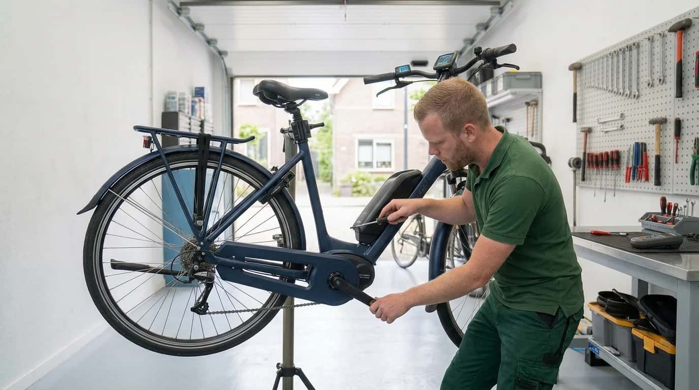 Monteur stelt de versnellingen van een elektrische fiets af