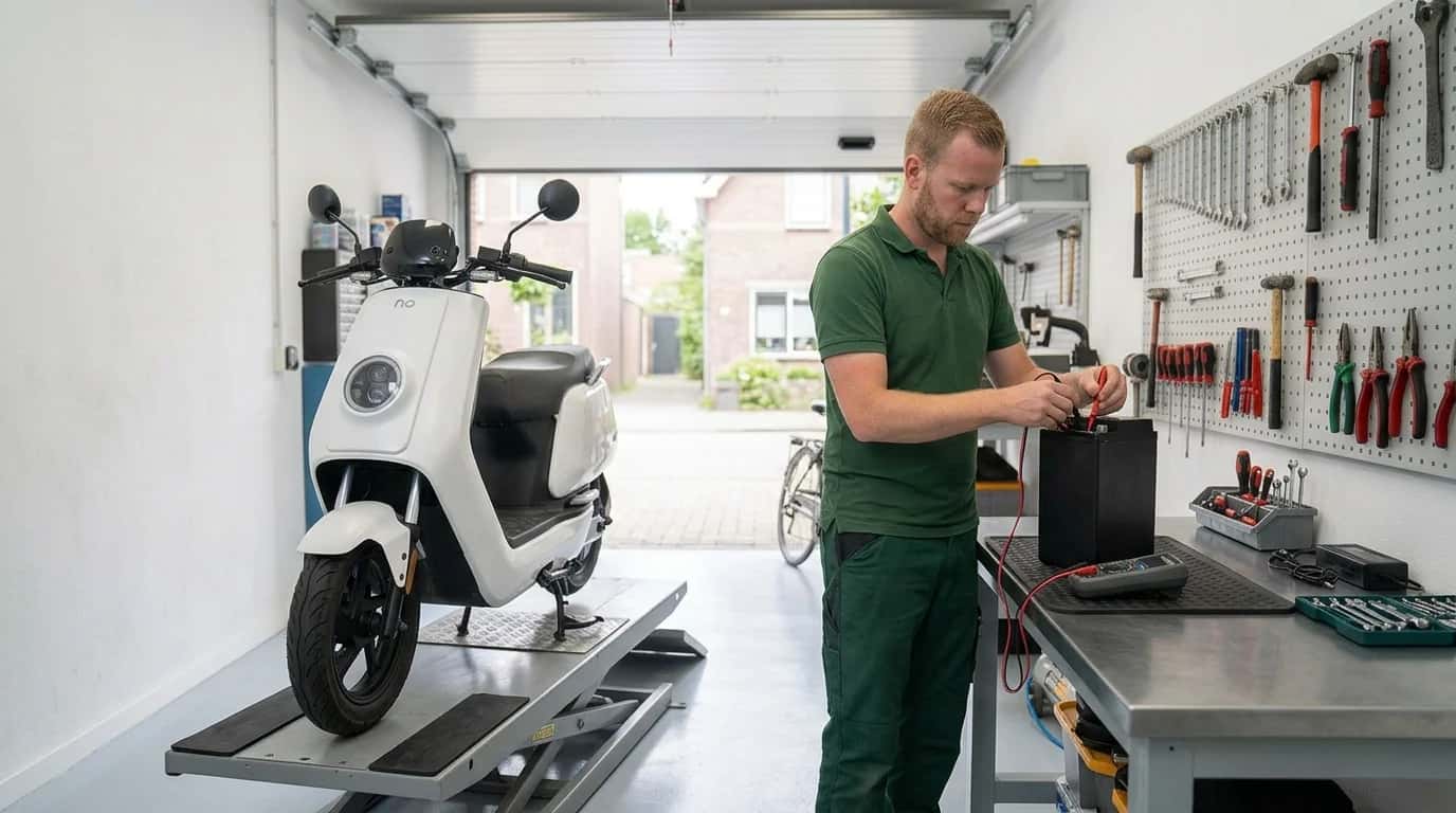 Monteur meet de accu van een elektrische scooter door