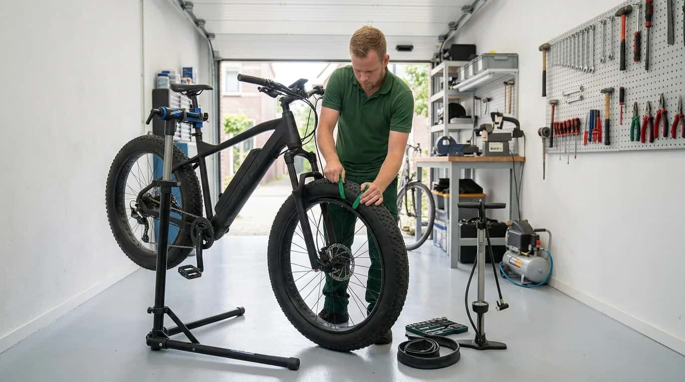 Monteur verwisselt de binnenband van een fatbike in de montagestandaard