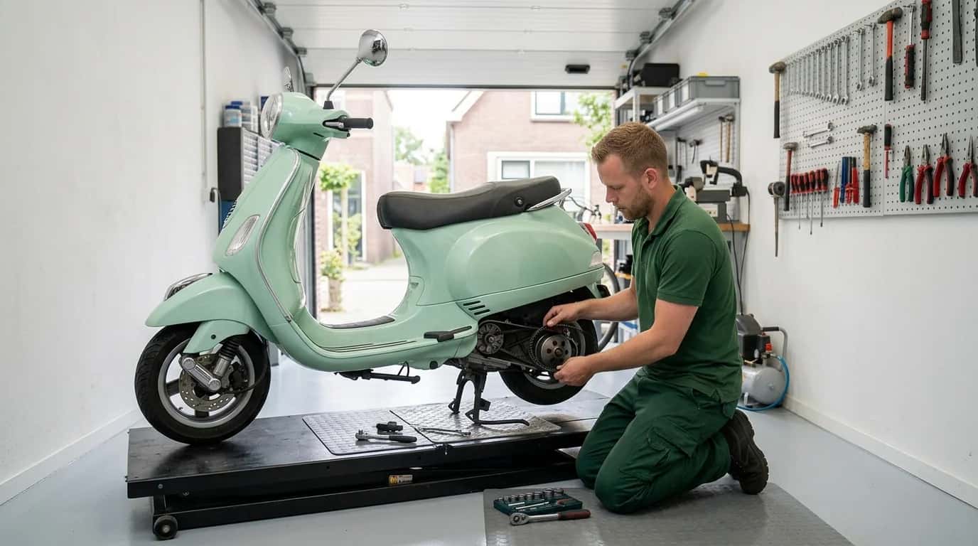 Monteur vervangt de V-snaar van een scooter op de hefbrug